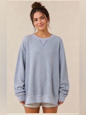 Aerie Oversized Waffle Knit Sweatshirt Washed Blue | Vintage-Inspired Slouchy